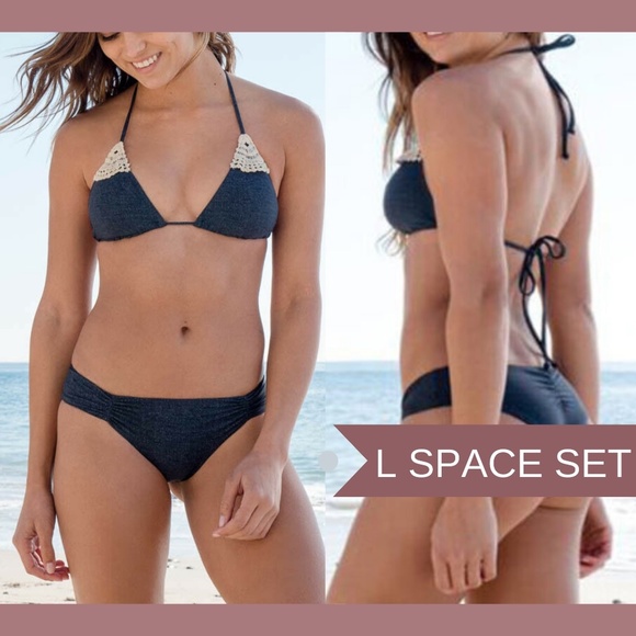 NWT 2PC L Space Lucy Bikini Top +‎ Monique Bottom in Antique Denim [ Medium ] - Picture 1 of 8